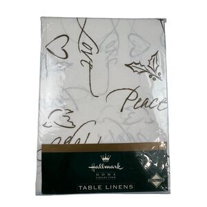 HALLMARK Home Tablecloth Oblong 60x104 Holiday Script Gold Graphic NEW